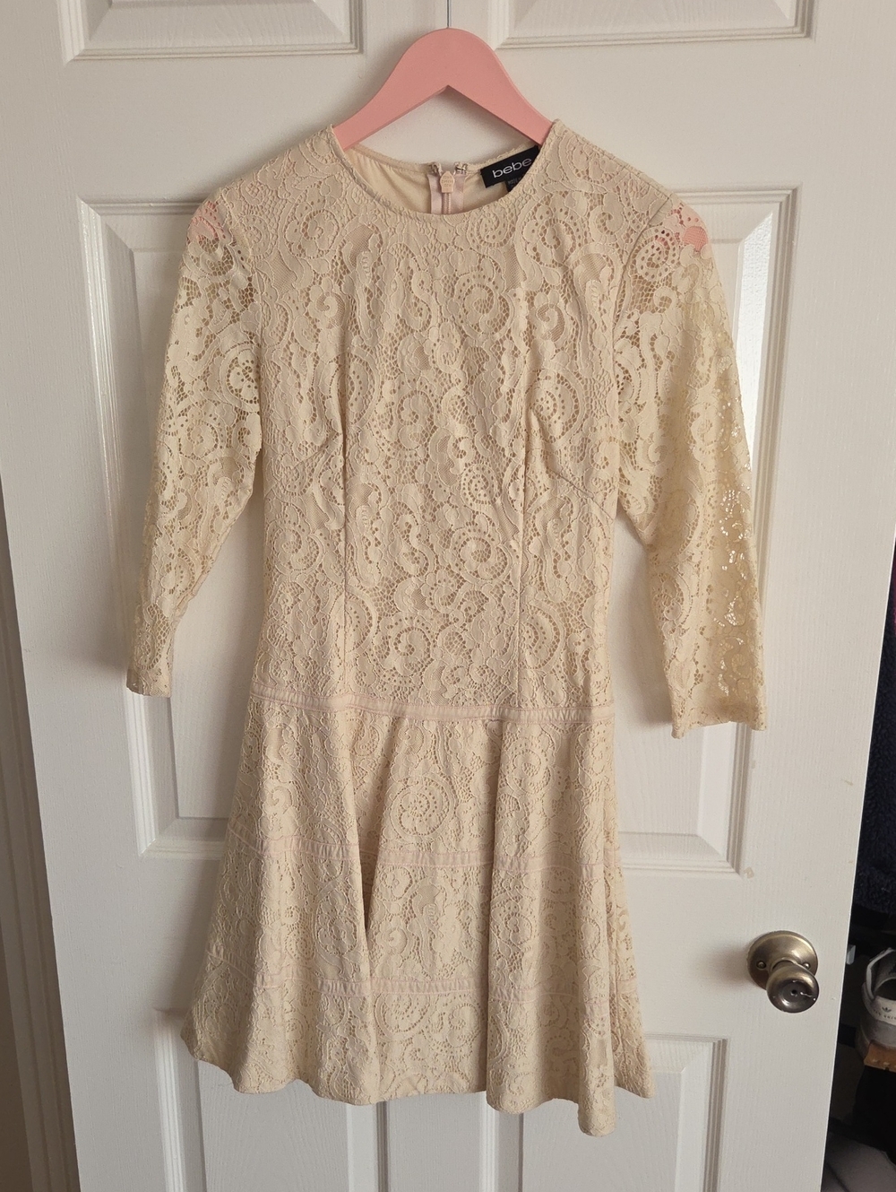 bebe Cream Lace Long-Sleeve Fit & Flare Dress